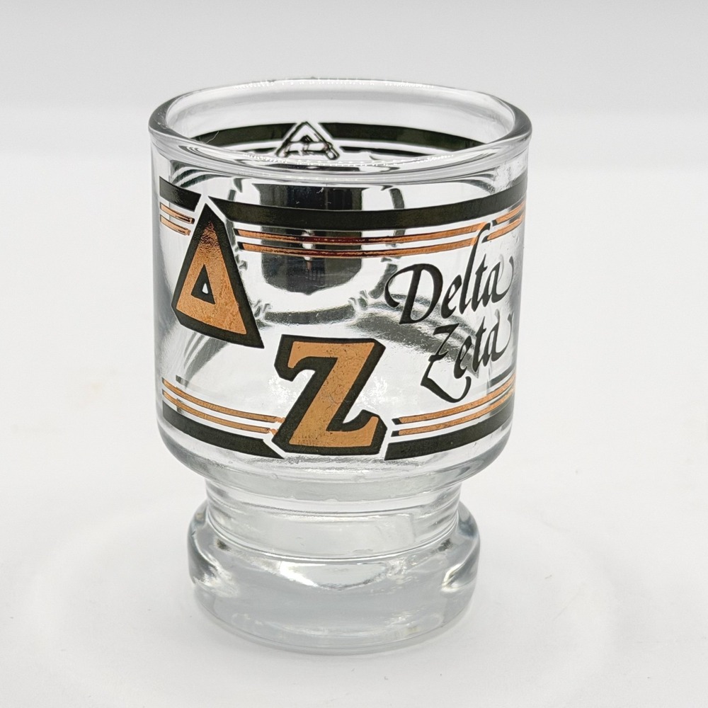 Delta Zeta Shot Glass Vintage 1986 Greek Life Crest Black Gold Excellent